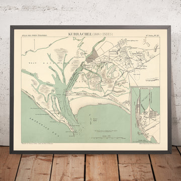 Mapa antiguo de Karachi, 1886: Puerto y puerto, Cantón, Rocas de ostras, Faro 