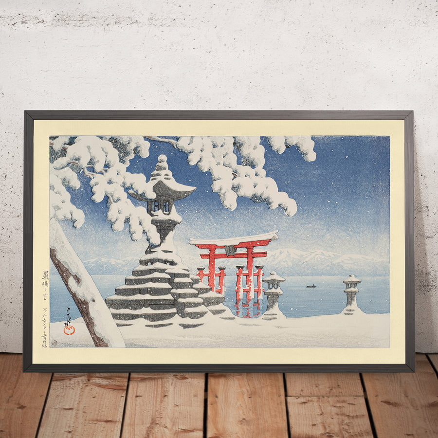 A framed image of Snow at Itsukushima by Hasui Kawase, 1935