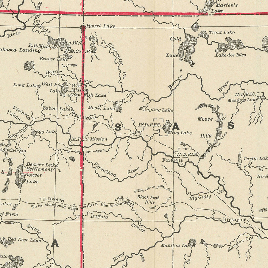 Antica mappa del territorio nord-occidentale del Canada di Cram, 1891: Edmonton, Calgary, ferrovie 