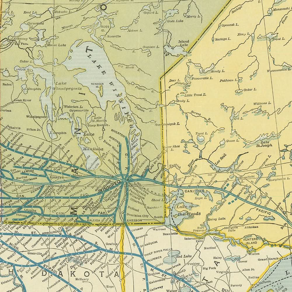 Ancienne carte du Canada et du nord des États-Unis par Poole Brothers, 1912 : chemins de fer, Grands Lacs, baie d'Hudson, Toronto, Chicago