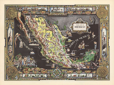 Mapa pictórico antiguo de México, 1939: Ciudad de México, Catedral, Océano Pacífico, Exploradores, Borde decorativo