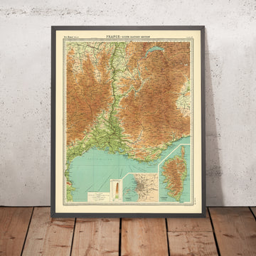 Old Topographic Map of South East France by Bartholomew, 1922: Marseille, Nice, Corsica, Rhône Delta, Maritime Alps
