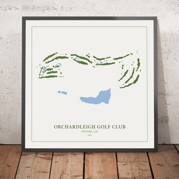 A framed image of Orchardleigh Golf Club in the style of a simple and modern golf course map