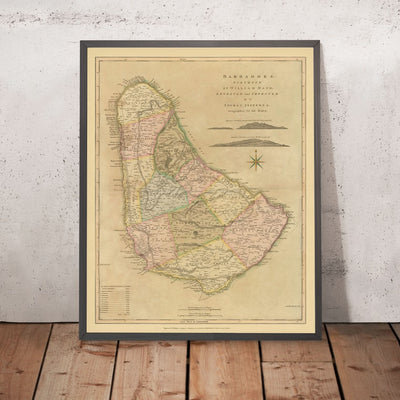 Mapa antiguo de Barbados de Mayo, 1810: Bridgetown, Speightstown, parroquias, fuertes, rosa de los vientos