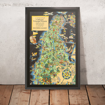 Pictorial Map of San Mateo County, California by Ruth Taylor White, 1930: Southern Pacific Railroad, Crystal Springs Reservoir, Dumbarton Bridge, Redwood City, Half Moon Bay