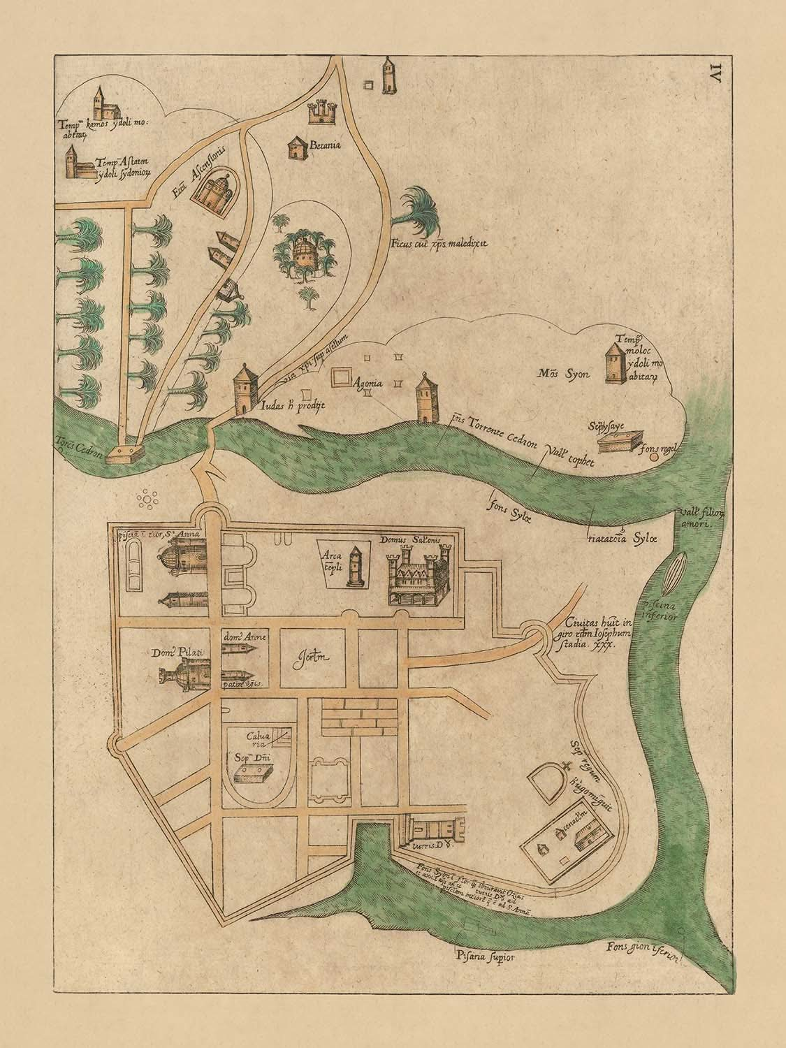 Ancienne carte de Jérusalem par Bongars, 1611 : Salomon, Pilate, le Sépulcre, le Cédron, Siloé