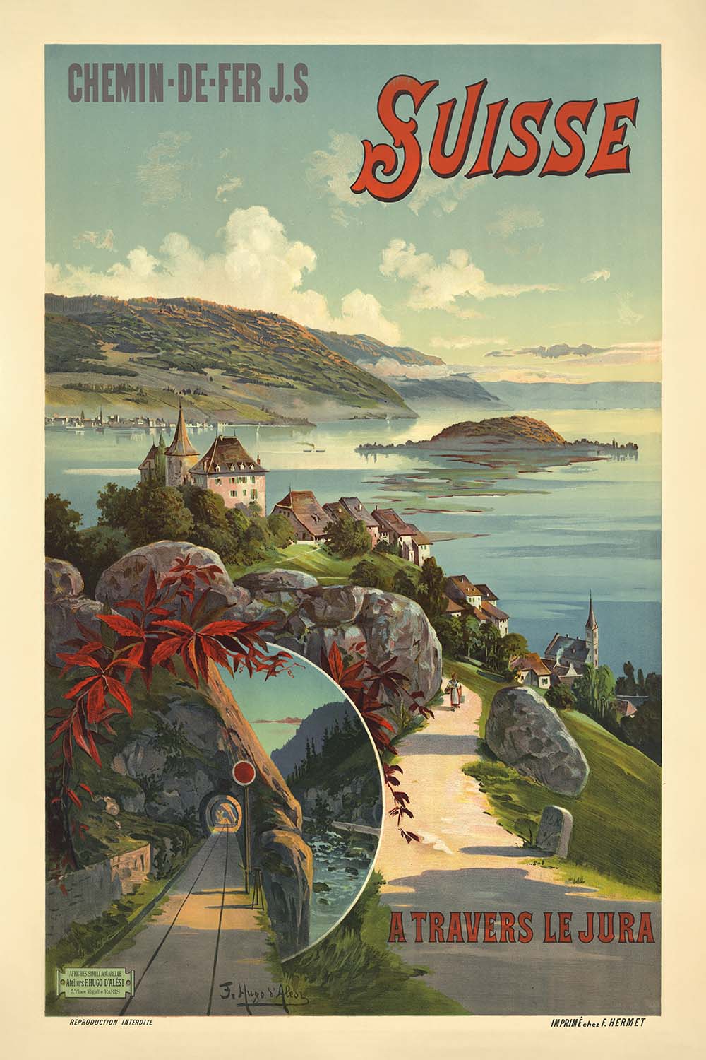 Manifesto di viaggio svizzero antico: A travers le Jura – Suisse, 1895 di Frederic Hugo d’Alési 