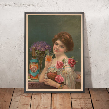 A framed image of Elegant Young Woman Vintage Drinks Advertising Poster, 1870