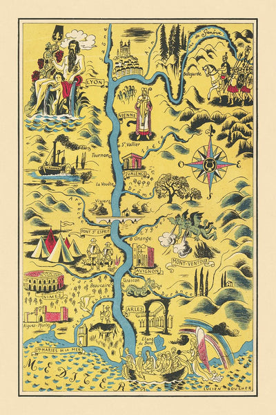 Old Pictorial Map of Rhone River by Boucher, 1938: Lyon, Nimes, Avignon, Mont-Ventoux, Landmarks