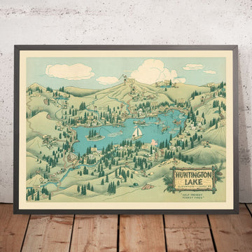 Antigua Mapa Pictórico del Lago Huntington, CA por Jones, 1940: Pico Kaiser, Lagos Gemelos, Campamentos, Senderos, Prevención de Incendios 