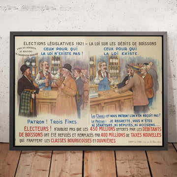 A framed image of The Law on Drinking Establishments Vintage Election Poster by G. Rombaux, 1921