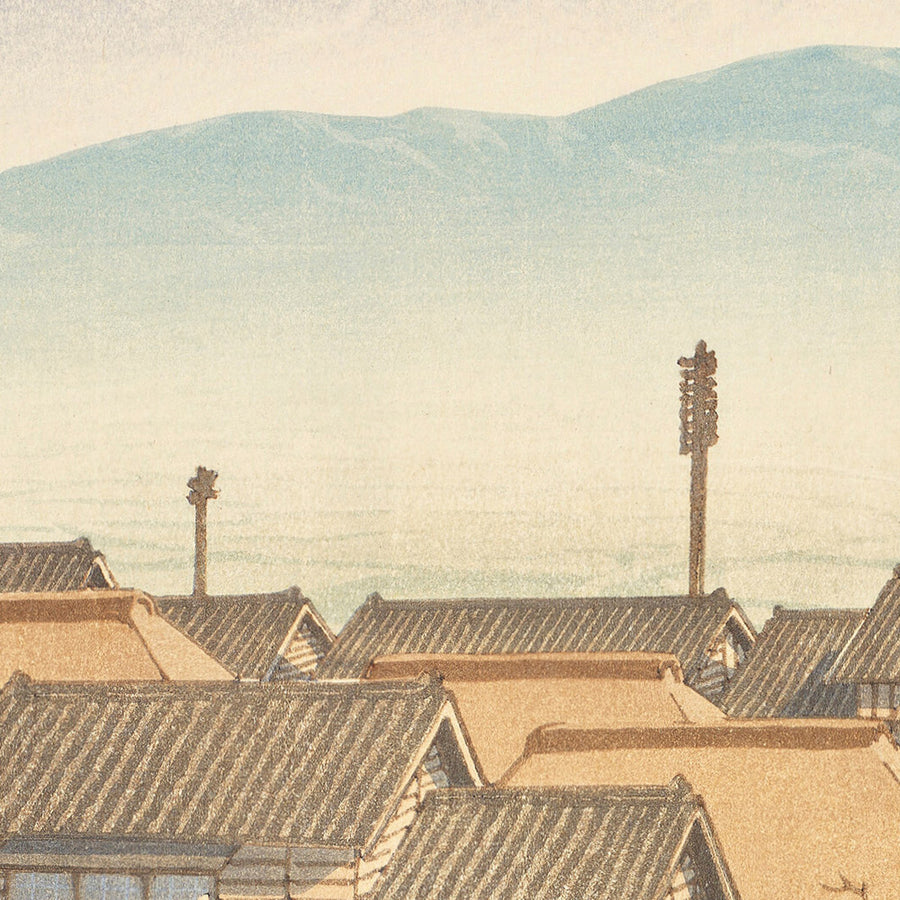 Morning in Motoyoshiwara with Mt Fuji by Hasui Kawase 1935