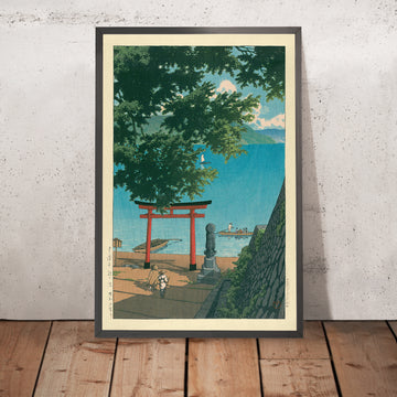 A framed image of Chuzenji Temple and Beach at Utagahama by Hasui Kawase, 1935
