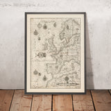 Ancienne carte nautique de l'Europe par Waghenaer, 1588 : Îles britanniques, Islande, île mythique d'Hy Brasil 