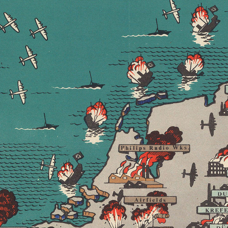 Ancienne carte militaire picturale de la Grande-Bretagne pendant la Seconde Guerre mondiale par Blake, 1944 : Manche, offensives alliées 