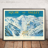 Ancienne carte illustrée des Jeux olympiques d’hiver de 1960, Squaw Valley, États-Unis : télécabine, village olympique, Granite Chief 