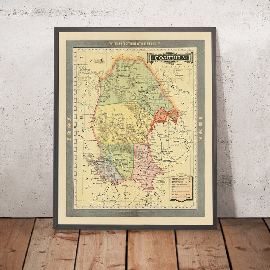 Alte Karte von Coahuila von García y Cubas, 1897: Saltillo, Torreón, Monclova, Eisenbahnen, Rio Grande 