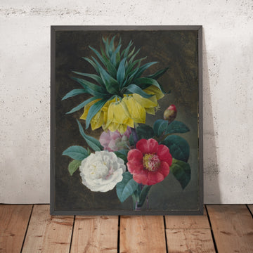 A framed image of Four Peonies and a Crown Imperial by Pierre Joseph Redouté, 1759