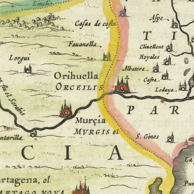 Mapa antiguo del sur de España por Blaeu, 1640: Granada, Murcia, Málaga, Batalla Naval 