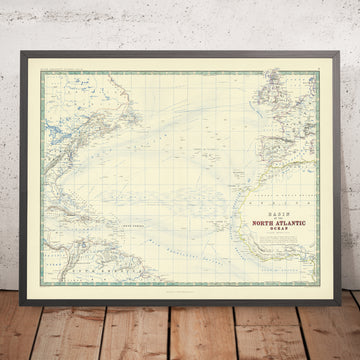 Old Map of the North Atlantic Ocean Basin, 1861: Shipping Routes, Caribbean and Gulf of Mexico