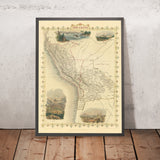 Antiguo mapa de Perú y Bolivia de Tallis, 1851: Lima, Potosí, lago Titicaca, Andes, costa de Atacama 