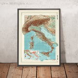 Old Physical Relief Map of Italy, 1952: Alps, Apennines, Po Valley, Vesuvius, Etna