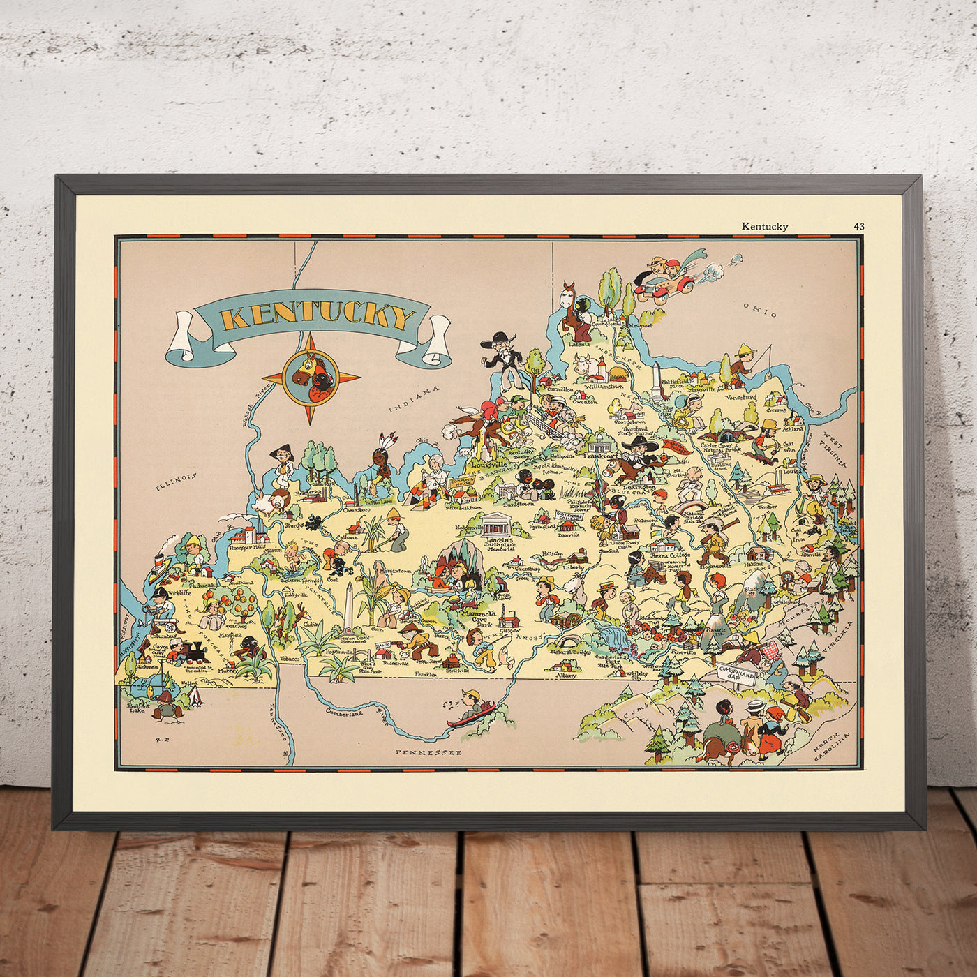 Pictorial Map of Kentucky by Ruth Taylor White, 1935: Louisville, Lexington, Horse Racing, Bourbon, Appalachians