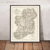 Carte ancienne de l’Irlande par Lewis, 1846 : Dublin, Cork, fleuve Shannon, comtés et provinces, premiers chemins de fer 