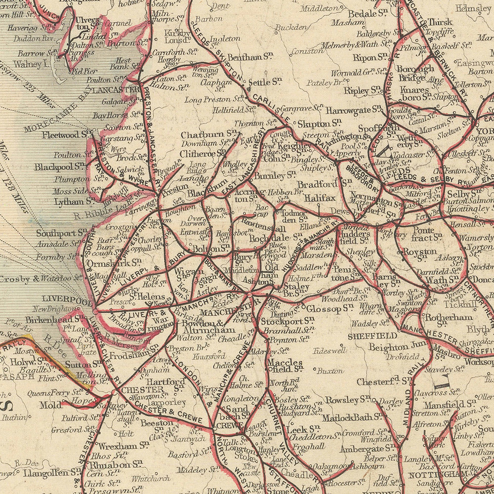 Old Railway Map of Great Britain by Tallis, 1850: London, Liverpool, Manchester, Steamboat Routes, Ornate Borders