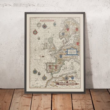 Rare First Nautical Chart of Europe by Waghenaer, 1584: Portolan Rhumb Lines, Unusually Round Iceland