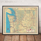 Old Road Map of Washington, 1937: Seattle, Spokane, Mt Rainier NP, Columbia River, US 99-10-101