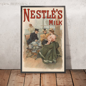 A framed image of Nestlé’s Milk Vintage Advertising Poster, 1899