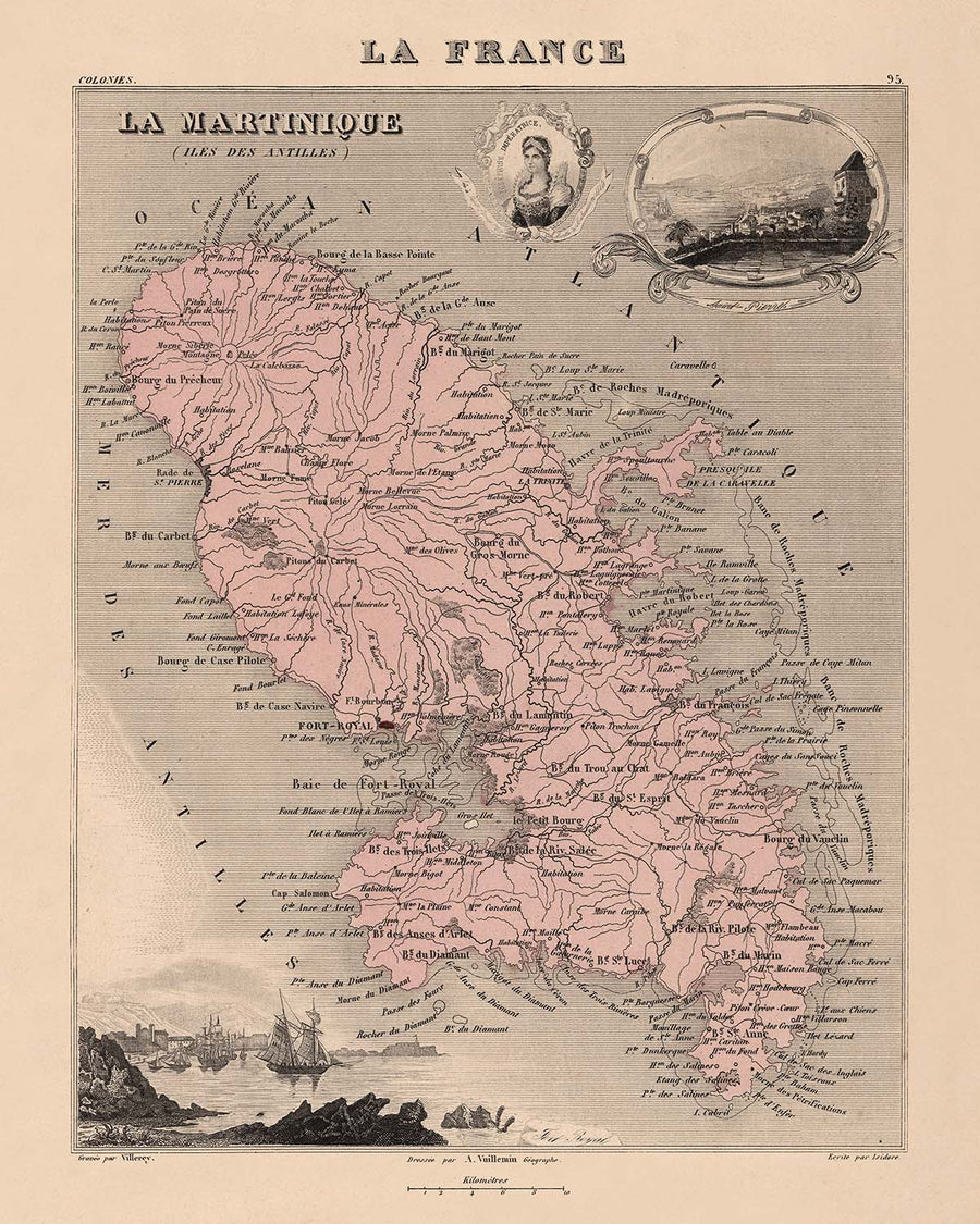 Mappa antica di Martinica, Antille minori di Vuillemin, 1869: Fort-de-France, Saint-Pierre, Canna da zucchero 