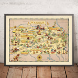 Mapa pictórico de Kansas de Ruth Taylor White, 1935: Wichita, Kansas City, Topeka, ferrocarriles, girasoles 