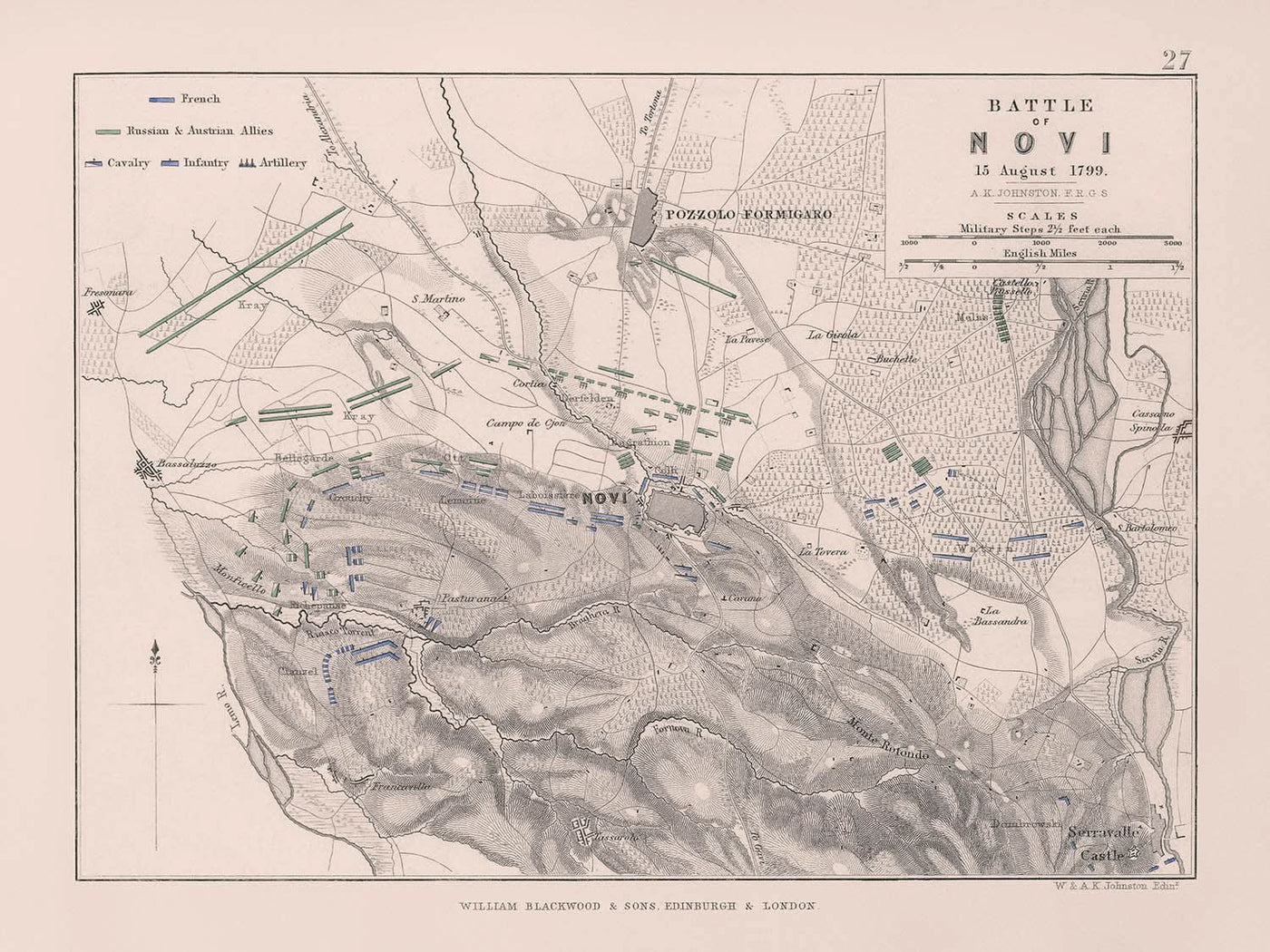 Bataille de Novi le 15 août 1799 par AK Johnston, lithographie de 1799