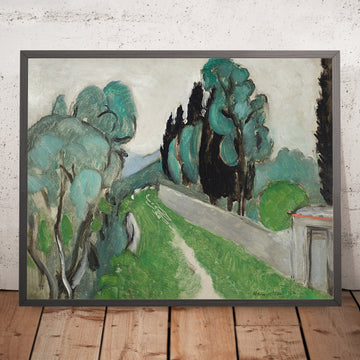 Ein gerahmtes Bild von Paysage avec cyprès et oliviers aux environs de Nice (Landschaft mit Zypressen und Olivenbäumen in der Nähe von Nizza) von Henri Matisse, 1918