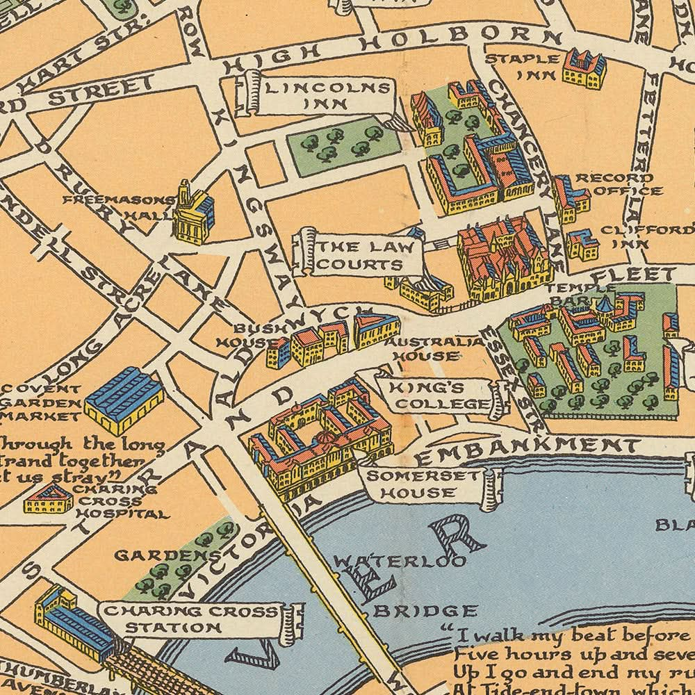 Old Historical Map of London by Bullock, 1938: Tower of London, St. Paul's, Westminster, Hyde Park, Thames