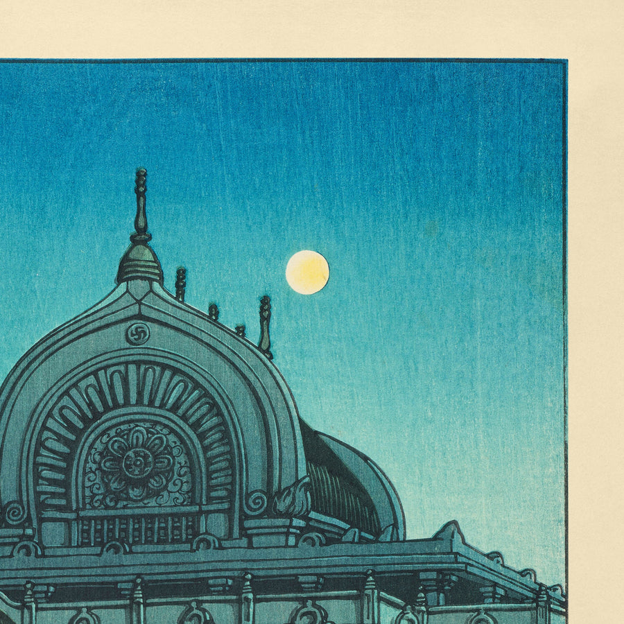 Luna de la tarde en el Templo Honganji en Tsukiji por Hasui Kawase 1935 