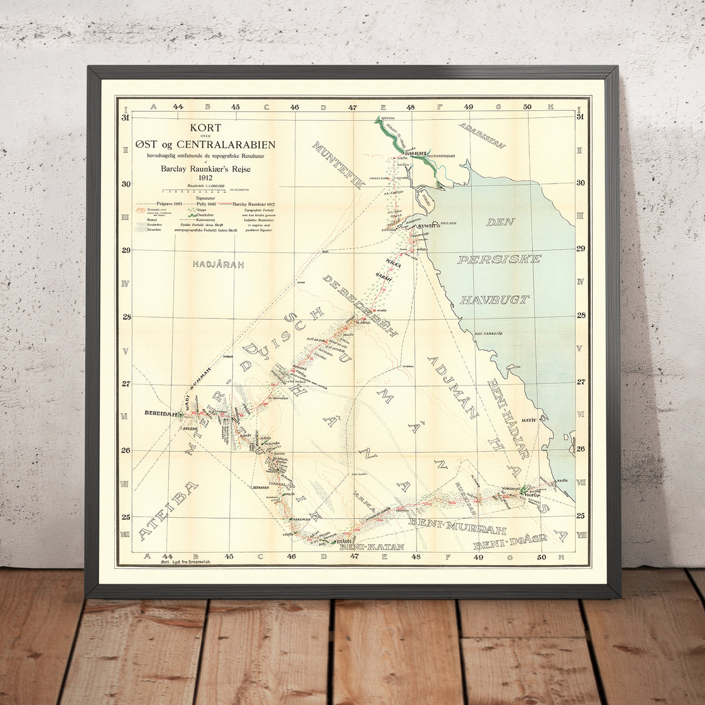 German Traveler’s Map of Arabia by Raunkiaer, 1912: Riyadh, Kuwait, Persian Gulf, Caravan Routes, Deserts