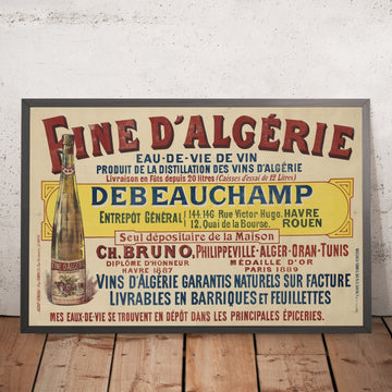 A framed image of Debeauchamp Fine d’Algérie Vintage Wine Brandy Poster, 1892