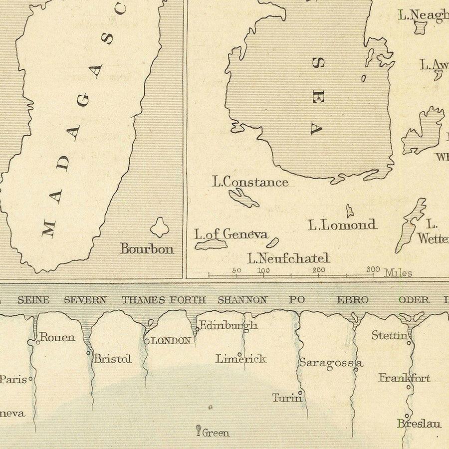 Alte Karte von Wasserfällen, Inseln, Seen, Flüssen und Bergen der östlichen Hemisphäre von Tallis, 1851 