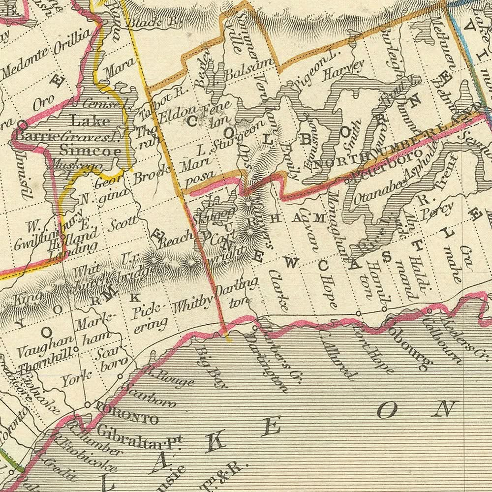 Mapa antiguo de Canadá de Tallis, 1851: Toronto, cataratas del Niágara, lago Erie, Kingston, viñetas