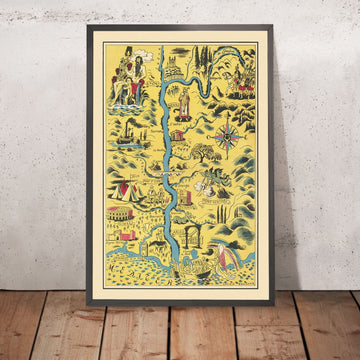 Vecchia mappa pittorica del fiume Rodano di Boucher, 1938: Lione, Nîmes, Avignone, Mont Ventoux, Luoghi di interesse 