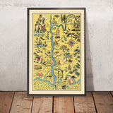 Old Pictorial Map of Rhone River by Boucher, 1938: Lyon, Nimes, Avignon, Mont-Ventoux, Landmarks