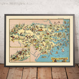 Ancienne carte picturale de la Caroline du Nord par Ruth Taylor White, 1935 : Charlotte, Raleigh, montagnes Appalaches, Outer Banks, usines textiles 