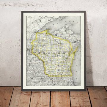 Old Railroad Map of Wisconsin, 1889: Milwaukee, Madison, Green Bay, Lake Michigan, Mississippi River