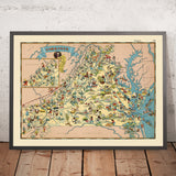 Bildkarte von Virginia von Ruth Taylor White, 1935: Richmond, Norfolk, Chesapeake Bay, Blue Ridge Mountains, Jamestown 