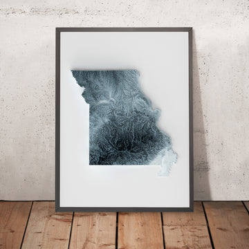 Un’immagine incorniciata di una mappa topografica in stile 3D del Missouri