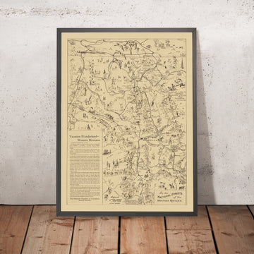 Antiguo mapa pictórico de Montana Rockies National Forests de LaCasse, 1940: Glacier NP, Missoula, Butte, Flathead Lk, Lolo 