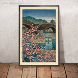 Fiori di ciliegio della sera primaverile al ponte Kintai di Hasui Kawase 1935 
